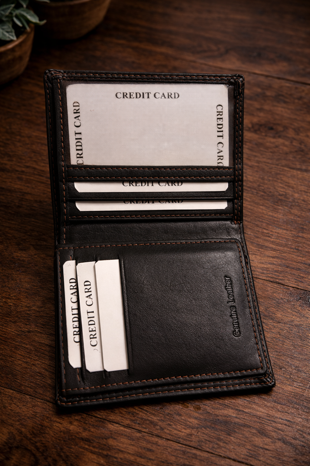 ארנק עור איכותי צבע חום כהה לגבר גודל 10 ס"מ על 8.5 ס"מ