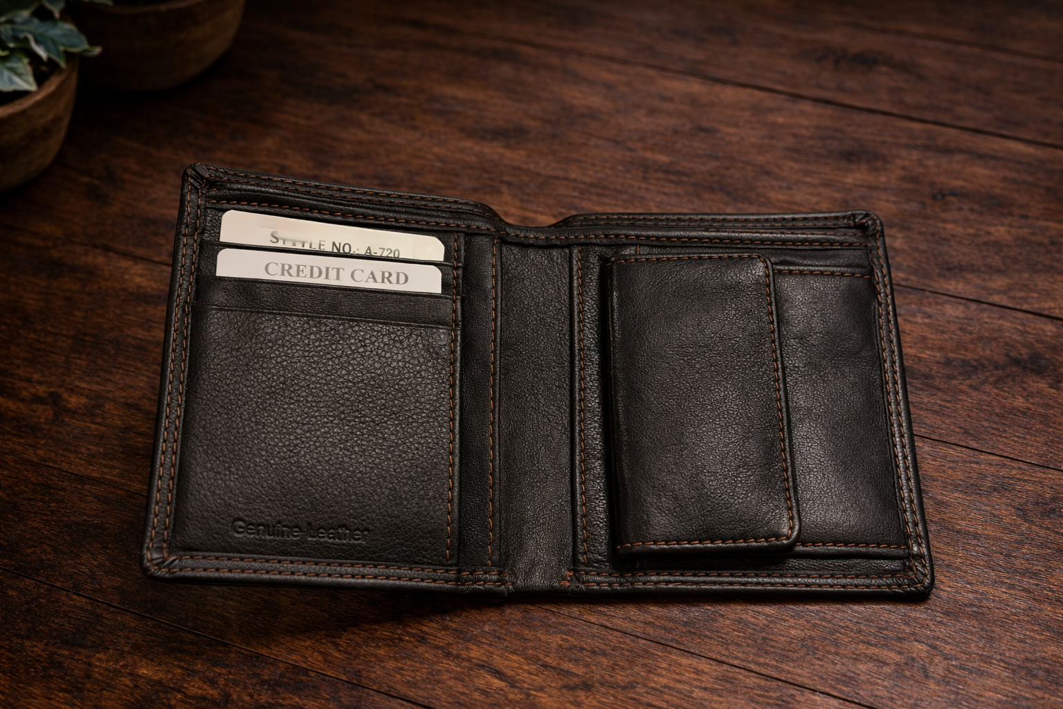 ארנק עור איכותי צבע חום כהה לגבר גודל 11.5 ס"מ על 9.5 ס"מ